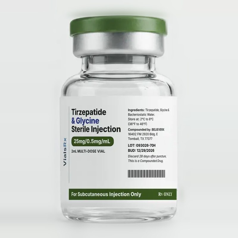 Compounded tirzepatide and glycine sterile injection vial, Rx only